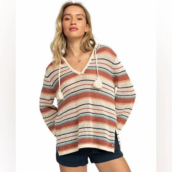 Roxy Striped V-Neck Hooded Knit Sweater with Tassel Ties - Cream & Rust - Picture 1 of 7